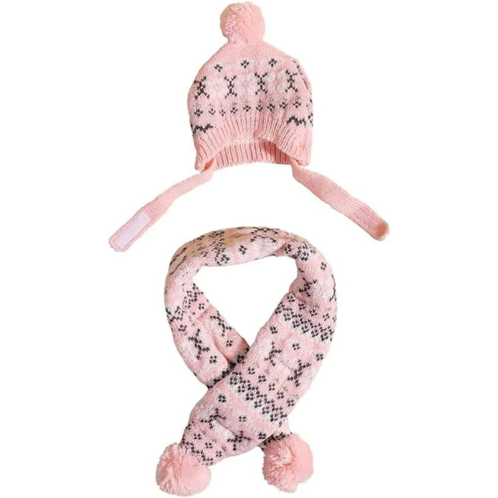 Pink Fair Isle Knit Dog Hat and Scarf Set with Pom Poms Small‎ Medium Pet Winter